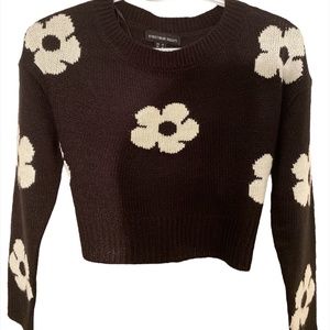 Women's Knit Crop Top Long Sleeve Round Neck Flame Floral Print Oversize